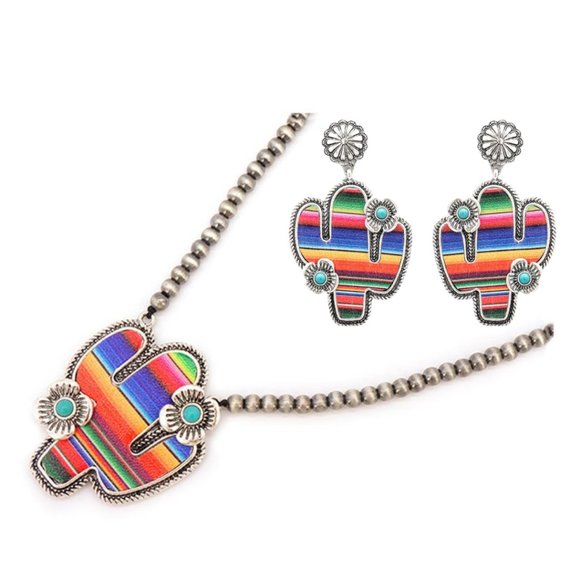 Jewelry - SERAPE FAUX LEATHER CACTUS EARRINGS & NECKLACE SET